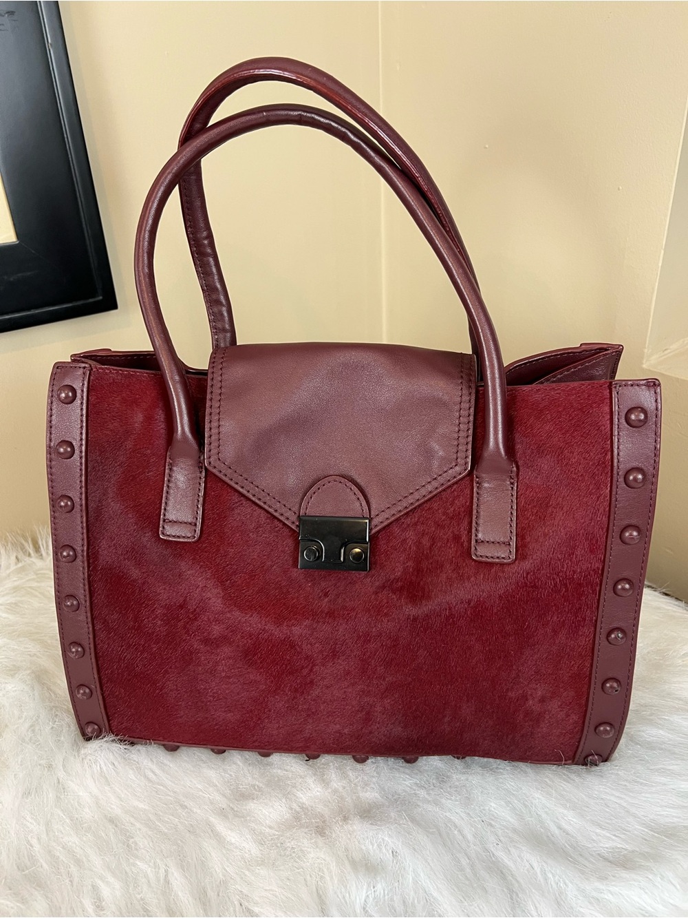Loeffler Randall calf hair work Tote Handbag - Structured Bag burgundy